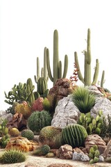 Poster - Desert landscape featuring multiple cactus plants and rocks, ideal for use as a background or in environmental designs