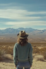 Poster - A woman stands in the desert wearing a hat and possibly looking at something in the distance