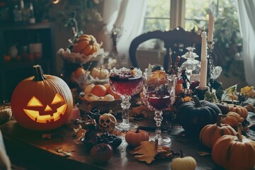Poster - A wooden table decorated with Halloween-themed items such as pumpkins, skulls, and cobwebs
