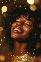 Wall Mural - A woman wearing a golden dress and sparkly makeup, great for glamour or luxury themes