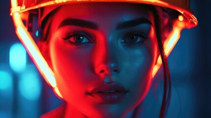 Poster - A construction worker wearing a hard hat with neon lights, suitable for use in industry or urban settings