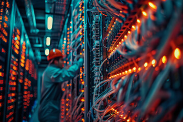 Poster - A man in a red hat is working on a computer server