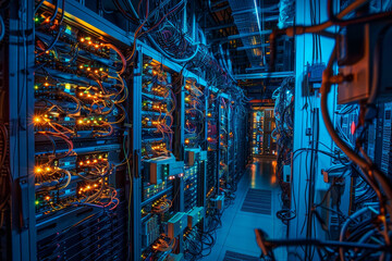 Poster - A large room filled with computer servers and wires