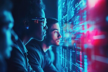 Poster - A group of people working on computers together, great for illustration of teamwork or office setting
