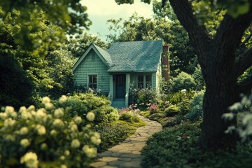 Sticker - Small house surrounded by lush greenery and flowers