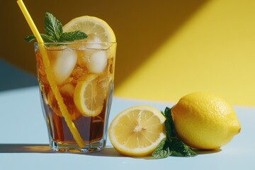 Poster - A refreshing glass of iced tea served with slices of lemon and sprigs of fresh mint