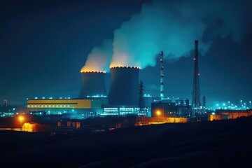 Poster - A large industrial factory with thick smoke emitting from its chimneys and vents, symbolizing pollution and environmental concerns
