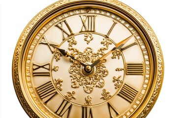 Poster - A gold clock with Roman numerals on the face, perfect for use in designs about luxury, elegance, and classic style