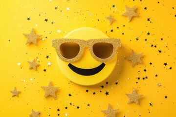 Poster - A smiling face wearing trendy sunglasses on a bright yellow background, perfect for adding a playful touch to your design or project