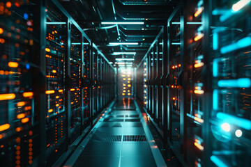 Poster - A computer server room with many servers and wires