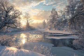 Canvas Print - A winter scene with a frozen lake and trees in the background