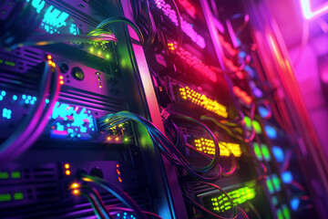Poster - A computer server with many colorful wires and lights