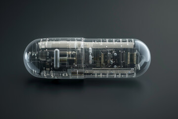 Poster - A pill is shown in a clear container with a black background