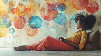 Poster - A woman sitting on a couch using a laptop, idea generation and work from home concept