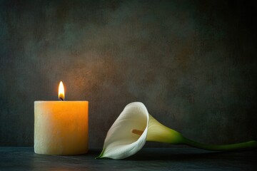 Poster - A simple still life with a candle and a flower on a table