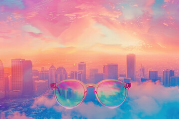 Poster - A pair of sunglasses is shown with a city skyline in the background