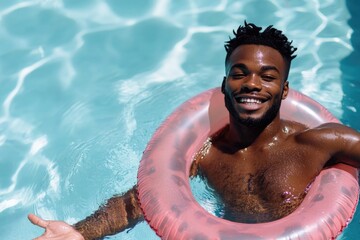Poster - A person relaxing in a swimming pool with a floatation device, suitable for use as a symbol of leisure or recreation