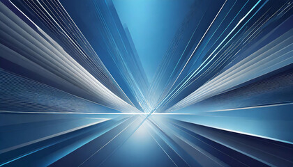 Poster - Dynamic blue light rays radiate from a central point in a futuristic digital abstract design showcasing depth and motion