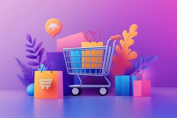 Poster - A shopping cart filled with various gifts on a table
