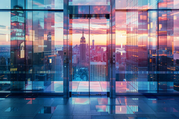 Poster - A city view from a high floor with a sunset in the background