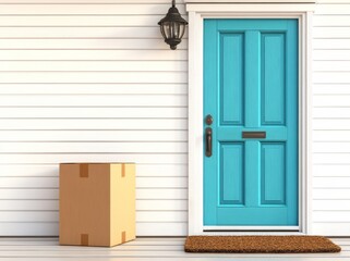 3D rendering of a cardboard parcel box delivered outside an entrance door as part of an online purchase delivery service concept. The parcel is placed near the entrance door.