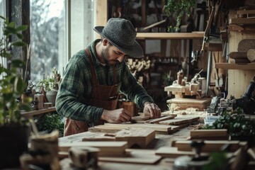 Poster - A person shaping and carving a wooden object