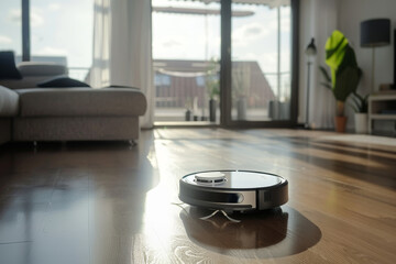 Canvas Print - A robot vacuum cleaner is on the floor in a living room