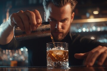 Poster - A person pours a drink into a glass, setting the stage for social gathering or evening relaxation