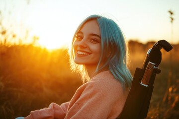 Poster - A woman with vibrant blue hair sits in a chair, focused on something