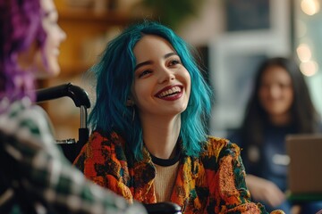 Poster - A woman with bright blue hair sits comfortably in her wheelchair, ready for use or a social media post