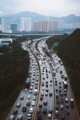 Poster - Highway congestion near tall city buildings, a common urban scene