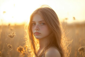 Wall Mural - A beautiful young woman stands amidst a lush field of tall grass