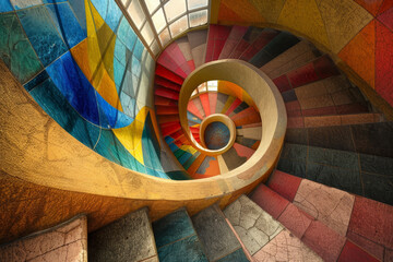 Sticker - A spiral staircase with colorful steps