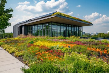 Aufkleber - A modern building with a green roof and surrounded by lush flowers, great for architecture or nature-themed projects