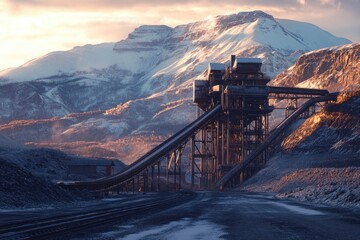 Canvas Print - A train travels along the tracks next to a snow-covered mountain, with scenic views and winter atmosphere