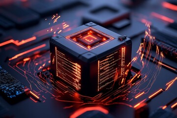 Aufkleber - Hackerâ€™s attack is visualized in a 3D-rendered digital space, where a glowing cube represents a data server under siege, surrounded by swirling lines of code