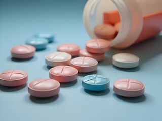 Colored pills, tablets and bottle on a blue background isolated