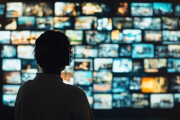 Canvas Print - A individual standing before a wall of television sets, possibly waiting for their favorite show or looking at the news