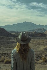Poster - A woman wearing a hat looks out at the vast desert landscape, perfect for travel or adventure themes