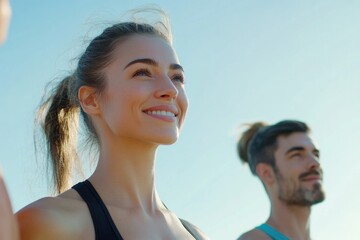 Wall Mural - A woman and man standing together on a sunny beach, possibly on vacation or a romantic getaway