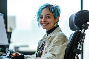 Aufkleber - A woman with vibrant blue hair sits comfortably in front of a computer, perhaps working on a project or responding to emails