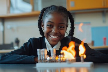 Sticker - A young girl sitting in front of a birthday cake with lit candles, suitable for kids' party or family celebration