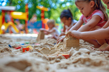 A group of children are playing in the sand, building a sand castle