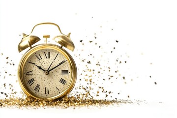 Poster - A golden alarm clock sitting on a clean white surface, great for use in lifestyle or design contexts