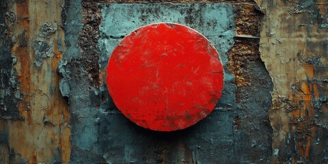 Poster - A red button on a rusty metal surface, suitable for use in various scenes where industrial or abandoned settings are needed