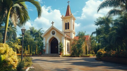 Aufkleber - A church building with a distinctive steeple and clock tower