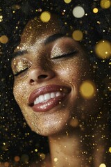 Poster - A woman with her eyes closed, wearing gold glitter on her face