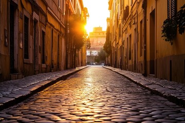 Poster - A classic cobblestone street scene in an old European city, great for travel or architecture uses