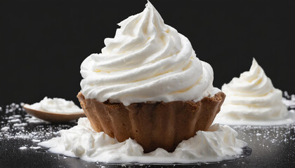 Delicious whipped cream topping on a dessert cup with extra cream and sugar dust on a dark surface