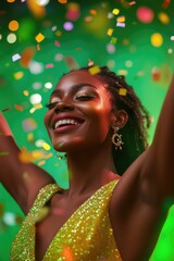 Poster - A woman celebrates in a golden gown, surrounded by colorful confetti